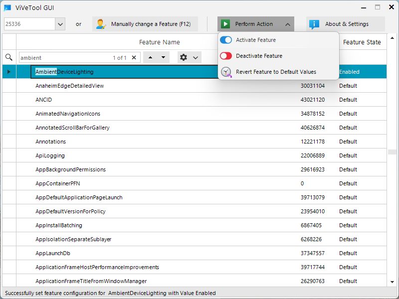 Activating the AmbientDeviceLighting feature in Windows Settings.