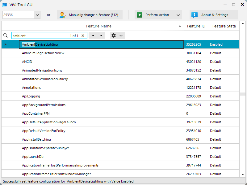 Searching for the AmbientDeviceLighting feature in ViVeTool GUI.