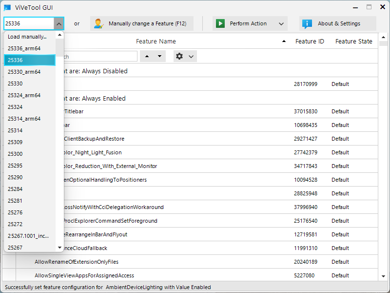 Selecting your Windows build number from ViVeTool GUI.