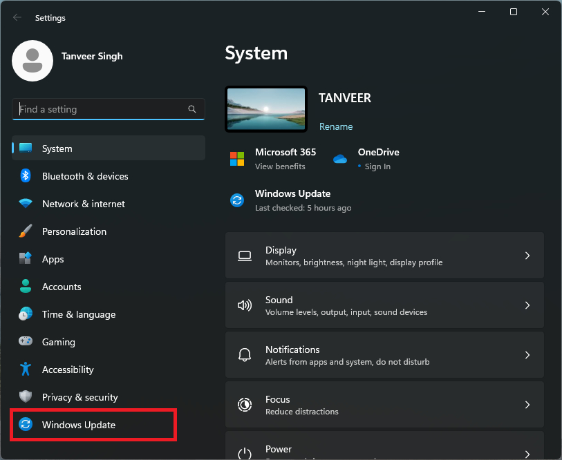 Navigating to "Windows Update" in Windows Settings.