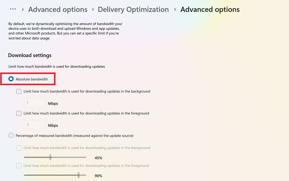 Choosing absolute bandwidth in delivery optimization advanced options for Windows 11.