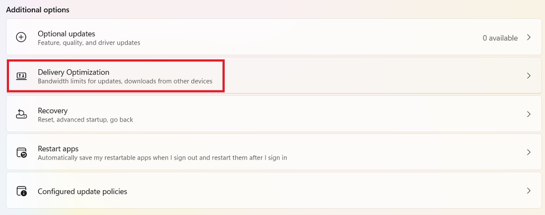 Select delivery optimization from Additional options in Windows 11.