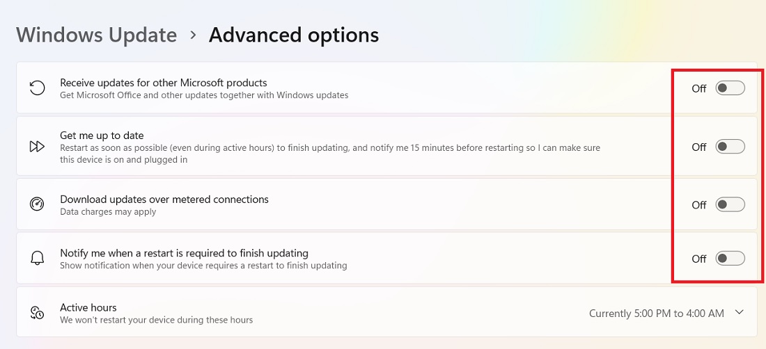 Windows update advanced options disabled including Receive updates for Microsoft products. 