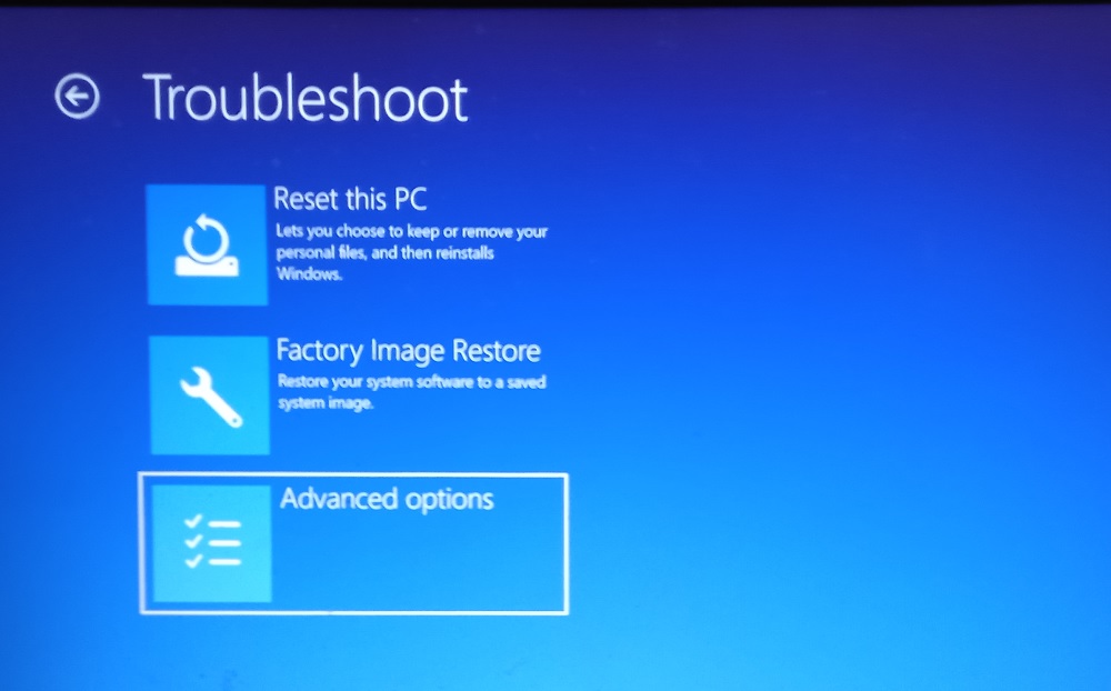 Select advanced options in Troubleshoot menu chosen from Windows 11 Safe mode.