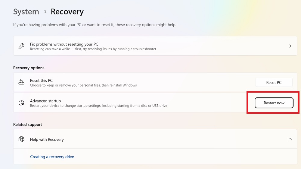 Advanced startup Restart now option in Windows 11 to reboot in Safe mode.