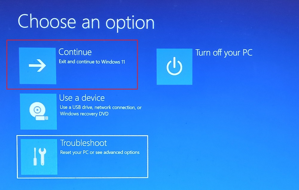 Exit and continue to Windows 11 from Windows 11 Safe boot settings.