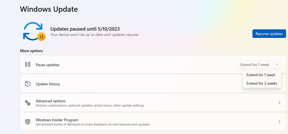 Pause Windows Updates by extending for a few weeks shown in Windows 11.