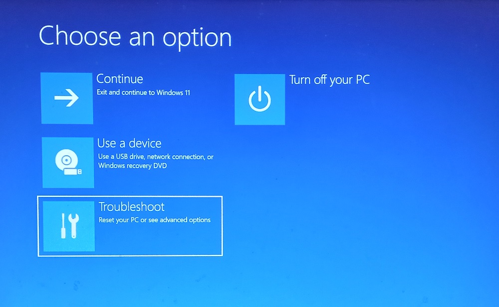 Click Troubleshoot icon in Windows 11 Safe mode options.