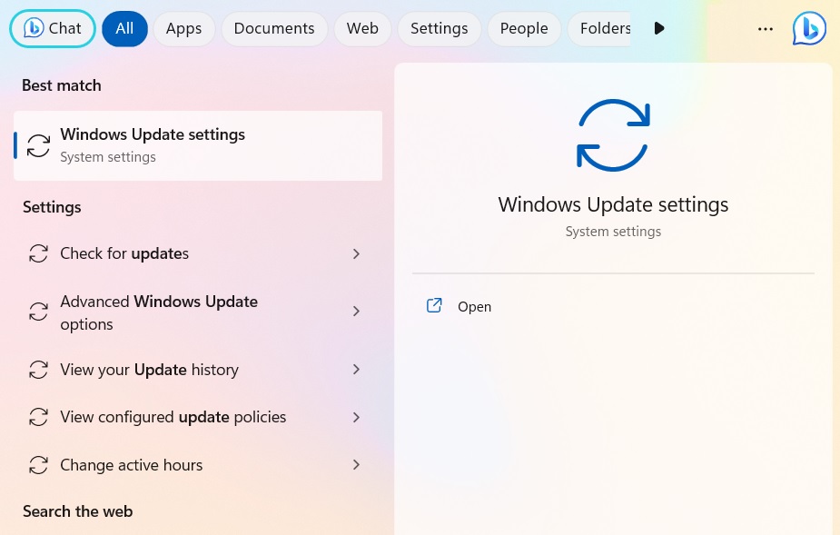 Search for Windows Update Settings in Windows 11 Search box.