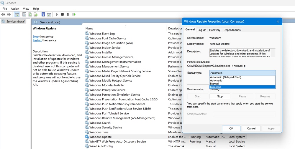 Windows Update service disabled from the Services menu. 