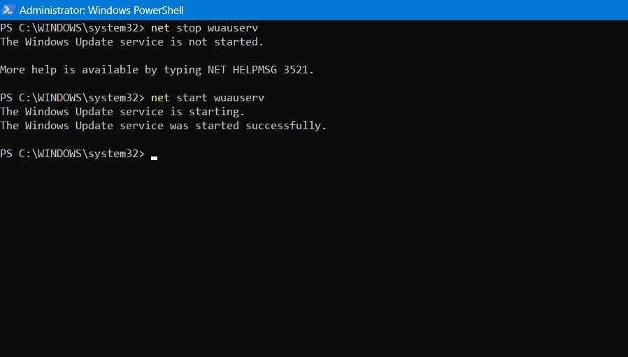 Stopping and starting Windows Update service in PowerShell.