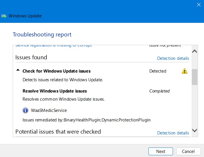 Windows Update issues detected and resolved in Update Troubleshooter. 