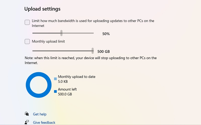 Uncheck Upload settings including bandwidth limits and monthly upload limits in Windows 11.