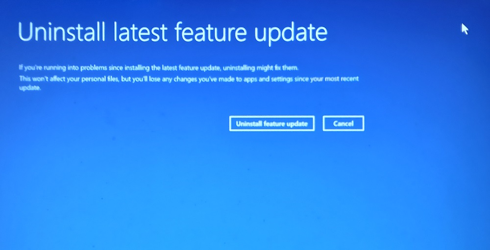 Uninstall latest feature update menu in Windows 11 Safe boot troubleshooting.