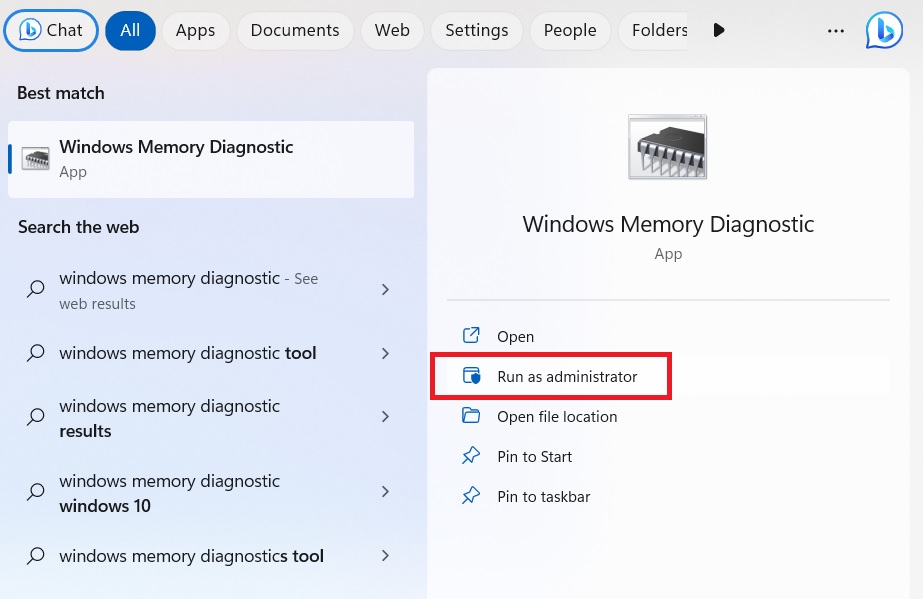 Starting Windows Memory Diagnostic Tools in Administrator mode.