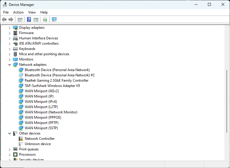 Expanding "Network adapters" menu in Device Manager.