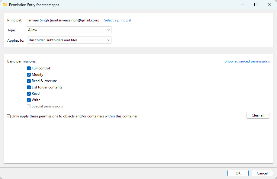 Checking box next to "Full Control" in "Permission Entry" window. 