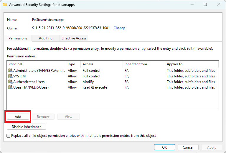 Clicking "Add" button in "Advanced Security Settings" window. 
