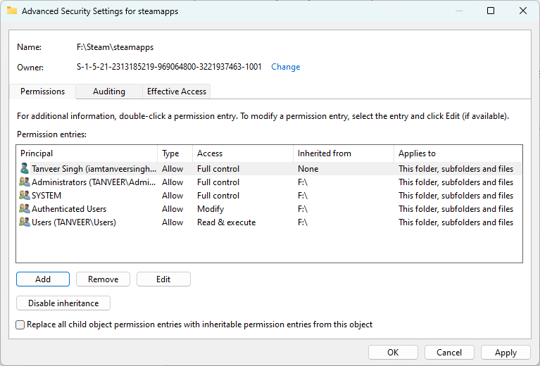 Saving changes in "Advanced Security Settings" window. 