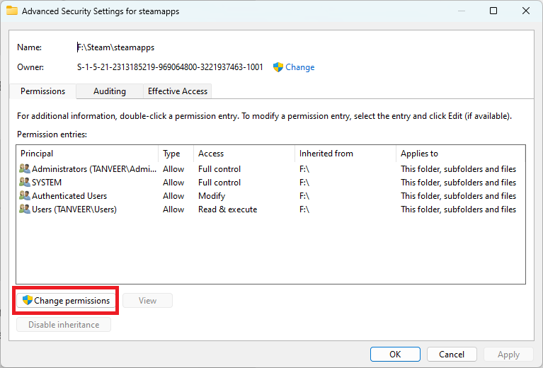 Clicking "Change permissions" in "Advanced Security Settings" window. 