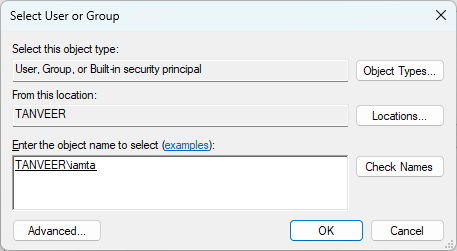 Entering account name in "Select User or Group" window.