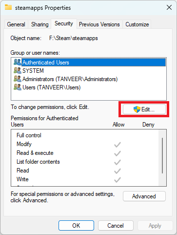 Clicking "Edit" button to add extra permissions for authenticated users.