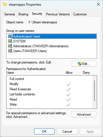 Checking permissions for authenticated users in folder properties.