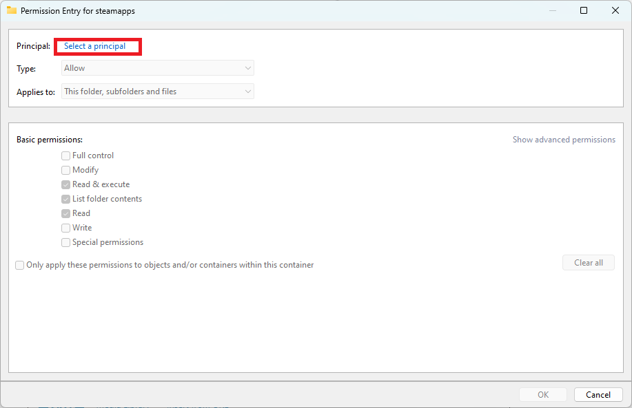 Opting for "Select a principal" option in  in "Advanced Security Settings" window.