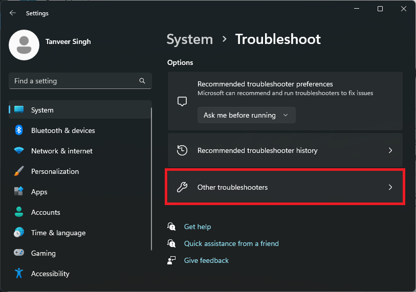 Clicking on "Other troubleshooters" option in Windows Settings.