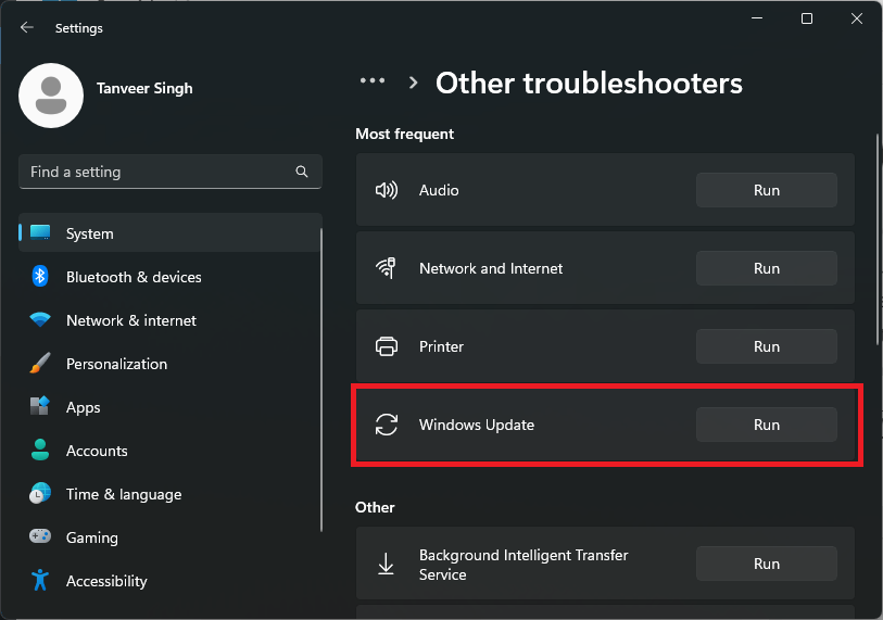 Click "Run" button next to Windows Update troubleshooter.