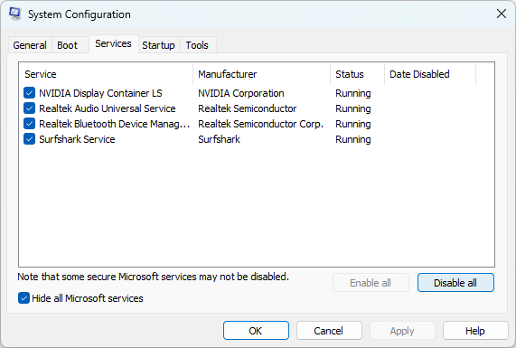 Selecting "Hide all Microsoft services" option in Services tab in System Configuration. 