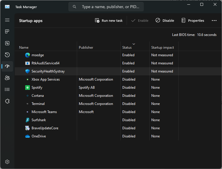 Disabling apps in Task manager via the "Startup apps" tab. 