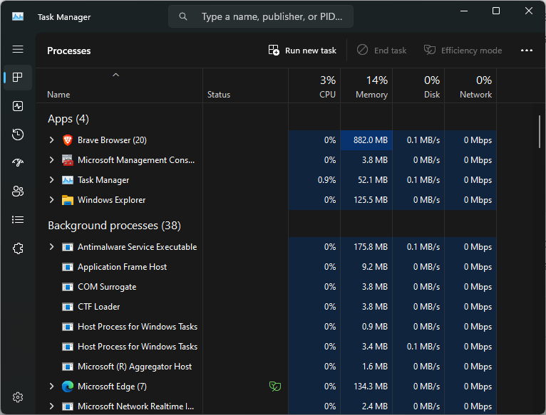 Opening Task Manager in Windows. 
