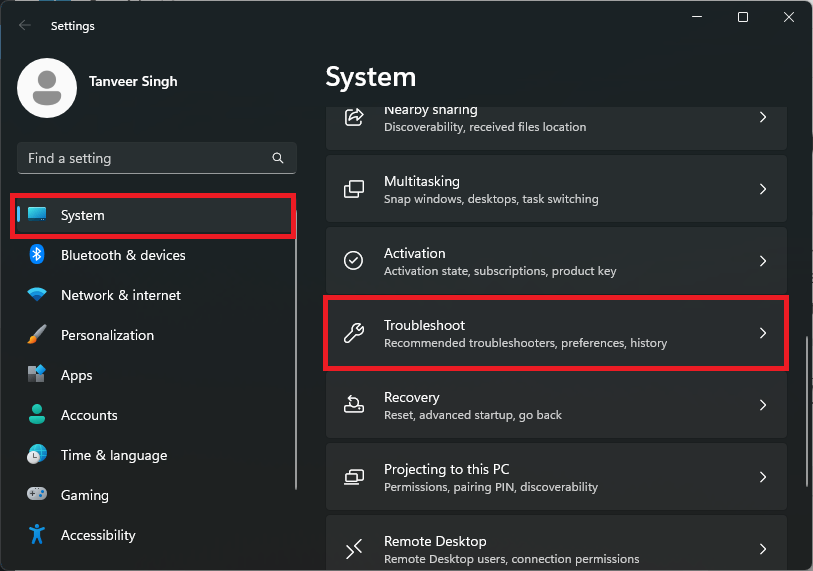 Opening "Troubleshoot" menu from System in Windows Settings. 