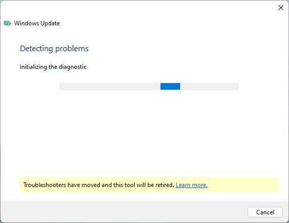 Windows Update troubleshooter detecting problems. 
