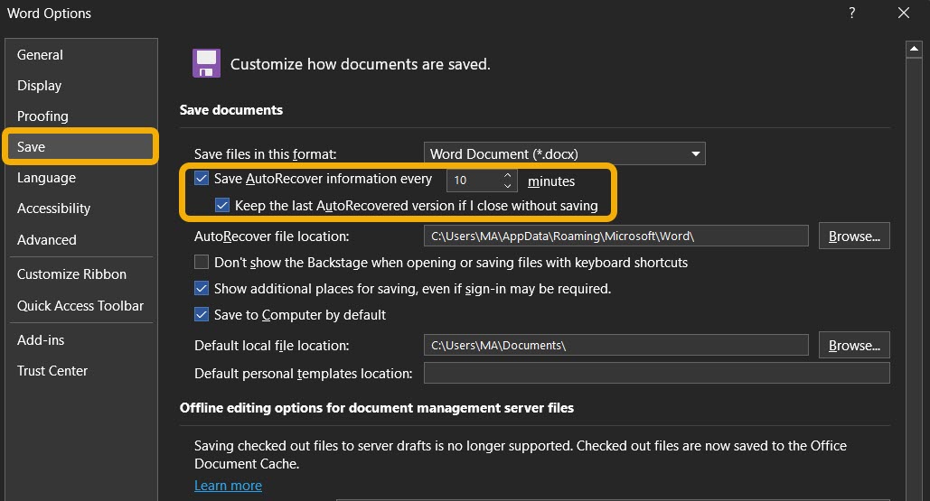 "Save files in this format" options available in Word.