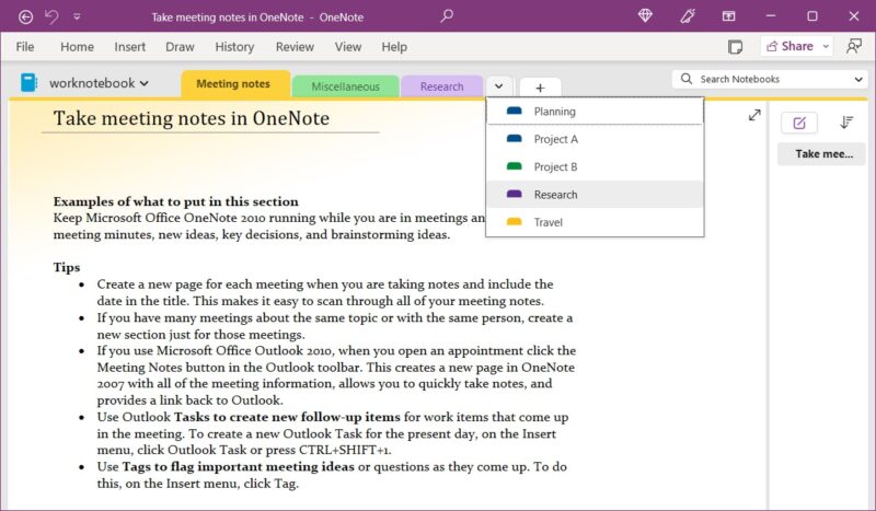 Work Notebook template from OneNote Gem