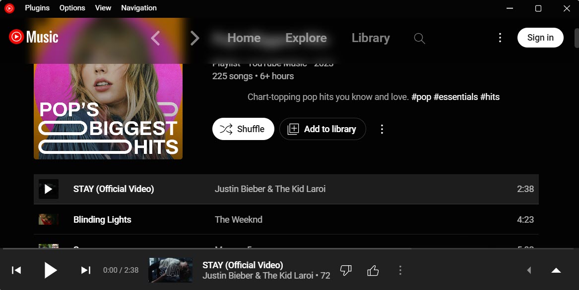 YouTube Music Desktop App homepage view. 