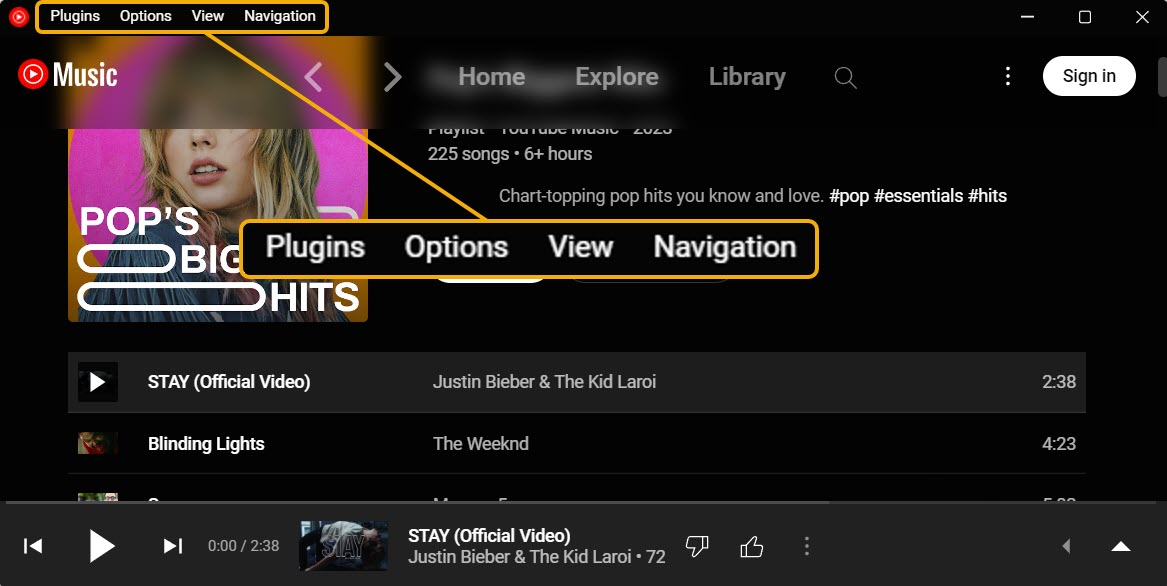 Top menu view in YouTube Music Desktop App. 