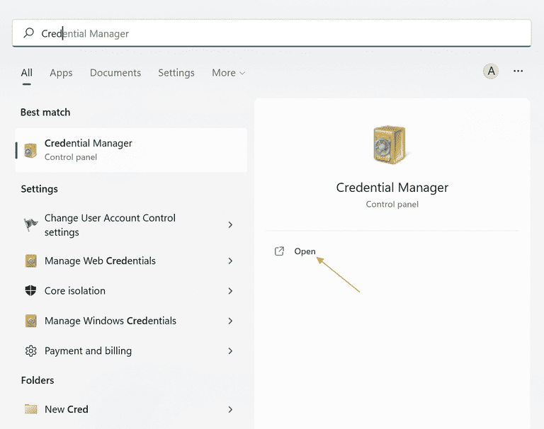 Typing "Credential Manager" in Windows Search. 