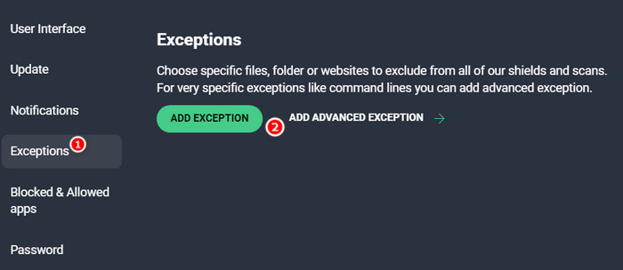 Clicking on "Add exception" button in AVG.