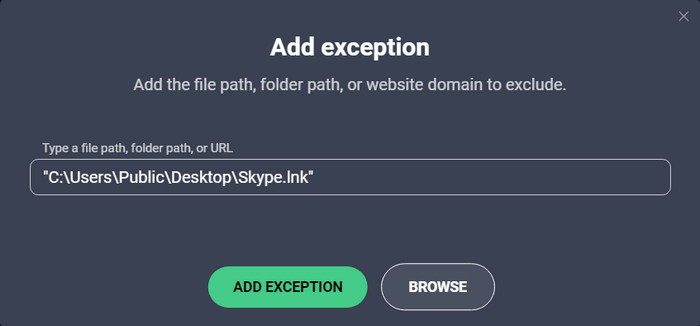 Finalize by clicking "Add exception" button in AVG.