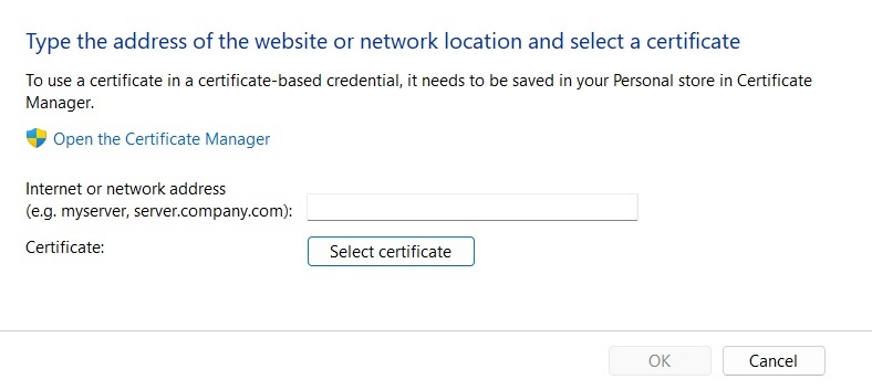Certificate selection window in Credential Manager.