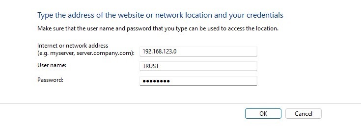Typing user name and password for new Windows Credential. 