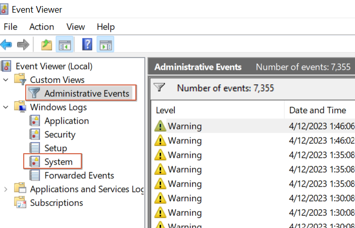 Checking Administrative Events under System in Event Viewer. 
