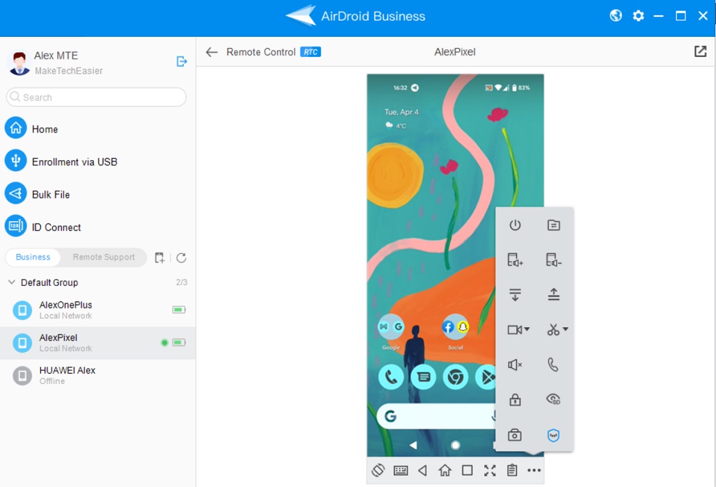 "Remote Control" option in AirDroid Business for desktop. 