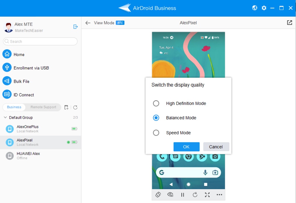 Switching the display quality from "View Mode" in AirDroid Business' desktop client.