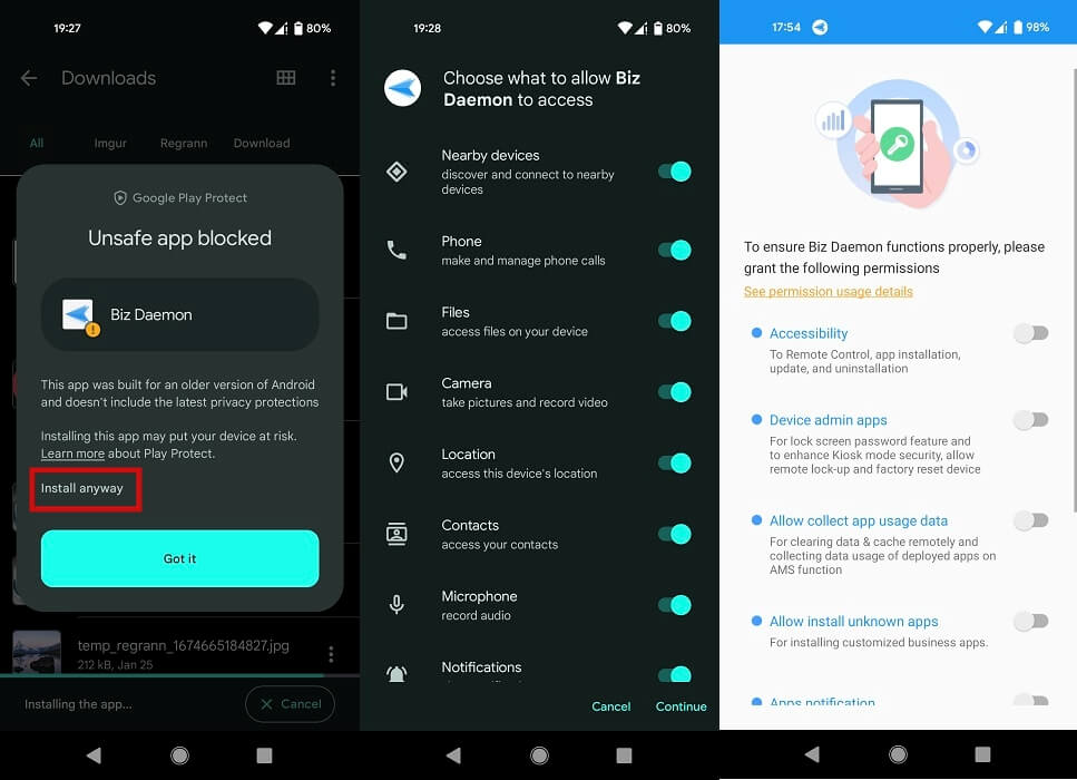 Biz Daemon app installation on Android phone. 