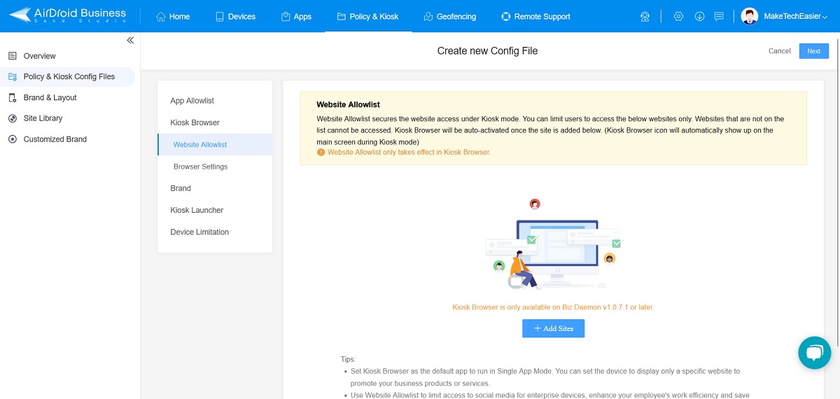 Creating a new Config File for Kiosk in AirDroid for Business. 