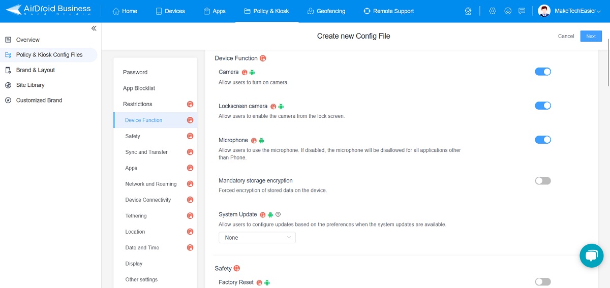 Creating new Policy Config File in AirDroid Business web client.